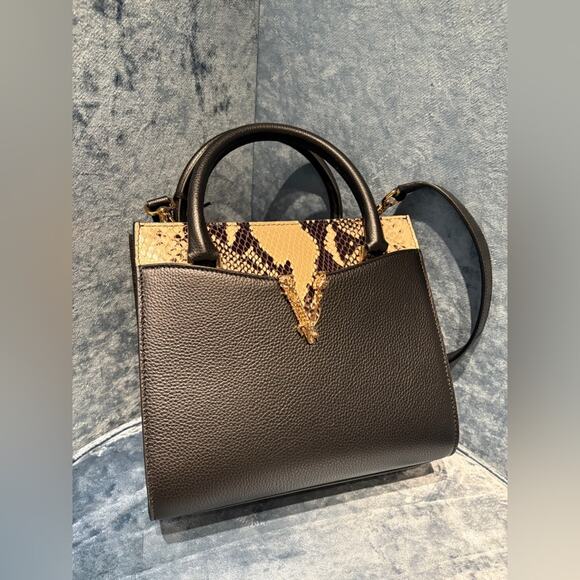 VERSACE VIRTUS CALF LEATHER SMALL BLACK TOP HANDLE BAG - Picture 2 of 6